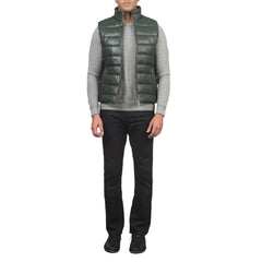 Mens-Green-Leather-Puffer-Vest-Model