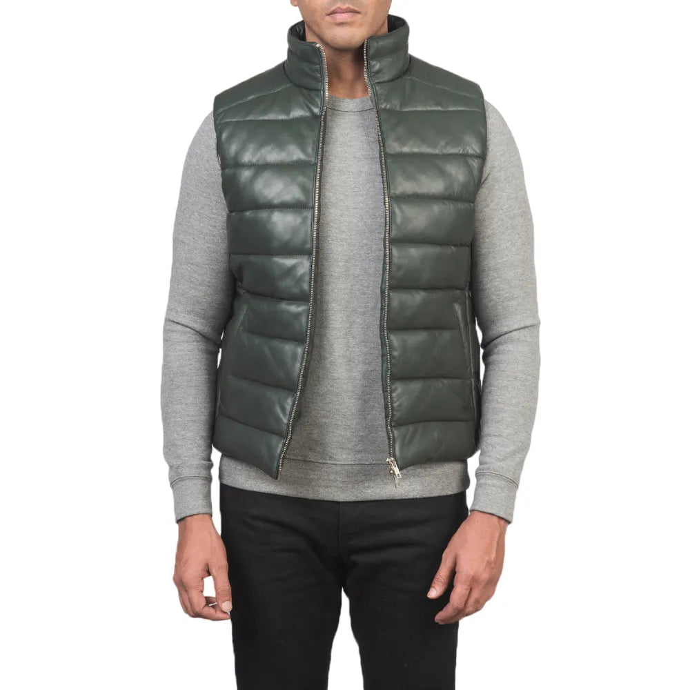 Mens-Green-Leather-Puffer-Vest-Open