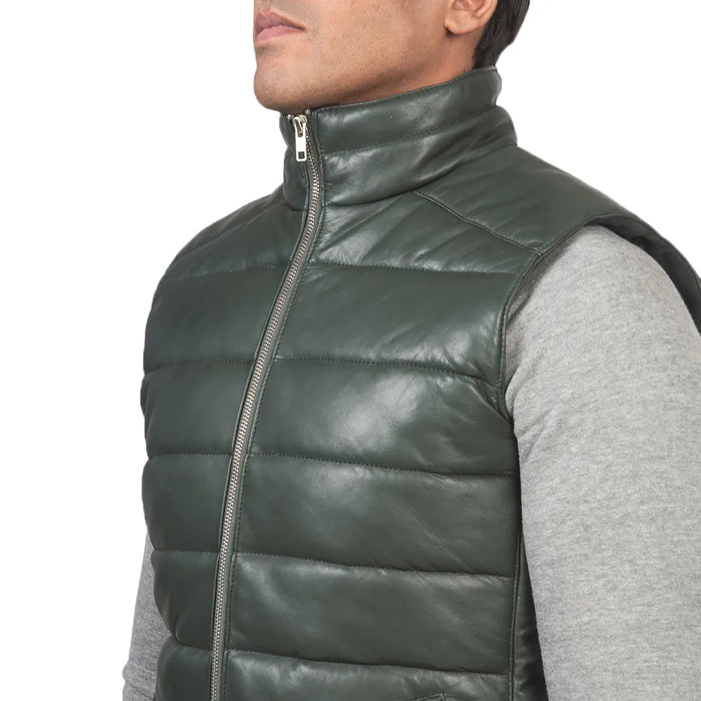 Mens-Green-Leather-Puffer-Vest