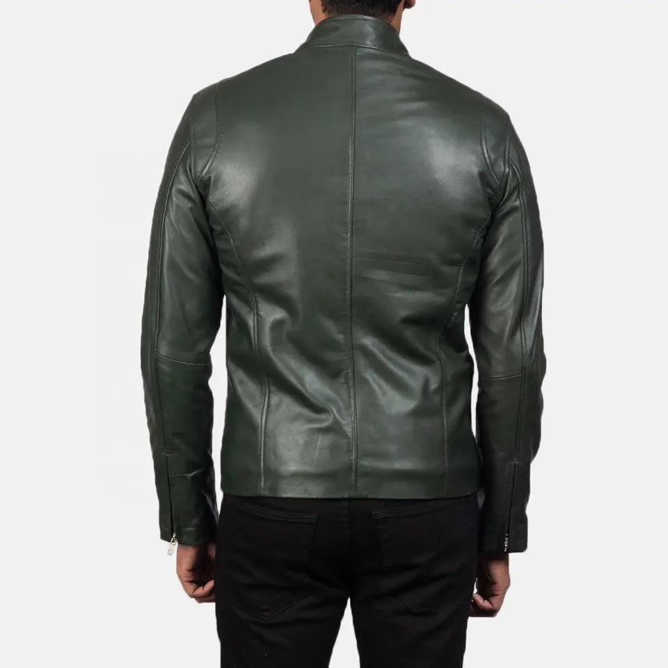 Mens-Olive-Green-Leather-Biker-Jacket-Back