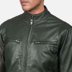 Mens-Olive-Green-Leather-Biker-Jacket-Front-Zoom