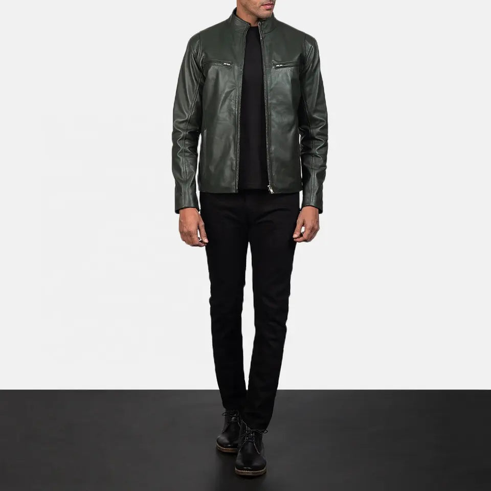Mens-Olive-Green-Leather-Biker-Jacket-Model