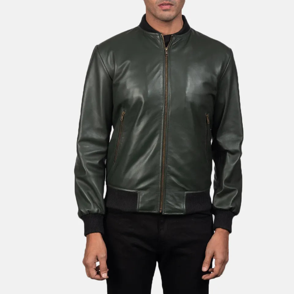 Mens-Olive-Green-Leather-Bomber-Jacket-Front-Closed