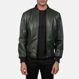 Mens-Olive-Green-Leather-Bomber-Jacket-Front-Open