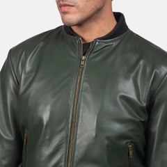 Mens-Olive-Green-Leather-Bomber-Jacket-Front-Zoom