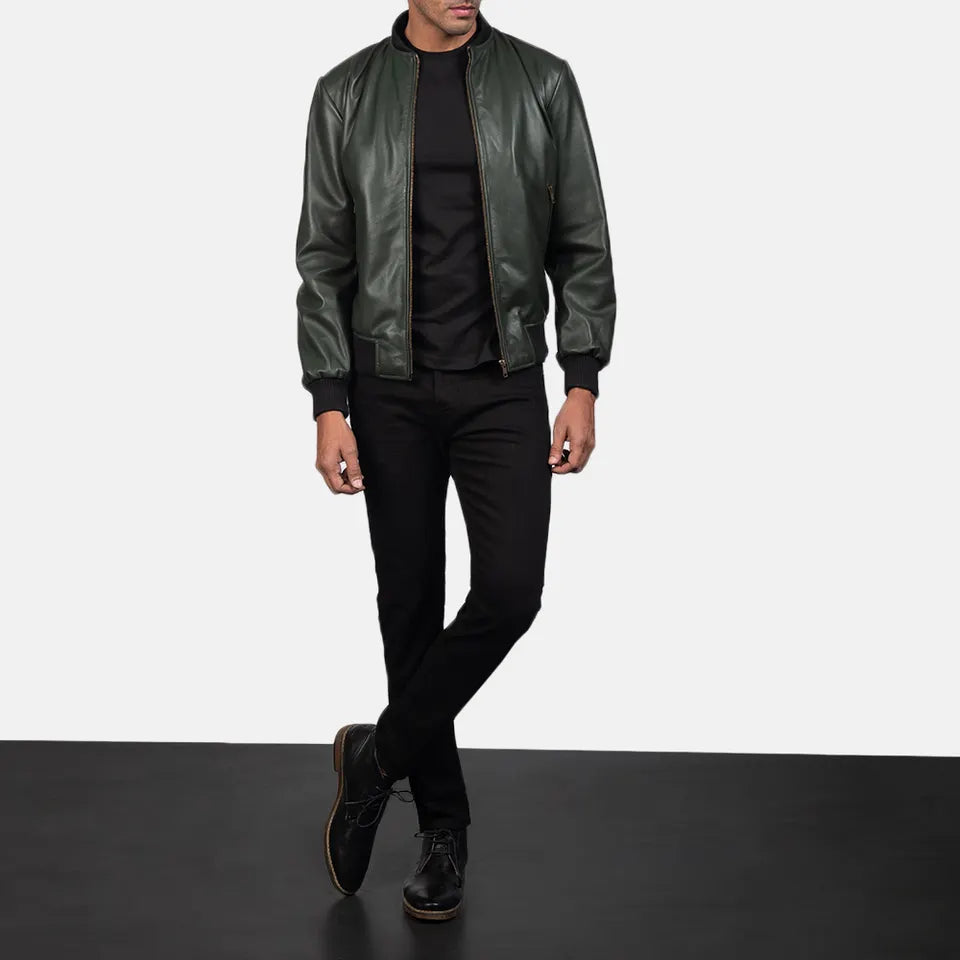Mens-Olive-Green-Leather-Bomber-Jacket-Model