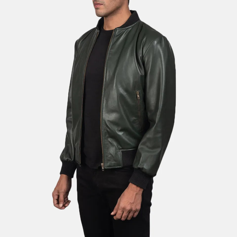 Mens-Olive-Green-Leather-Bomber-Jacket-Side