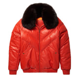 Mens-Orange-Leather-V-Bomber-Jacket