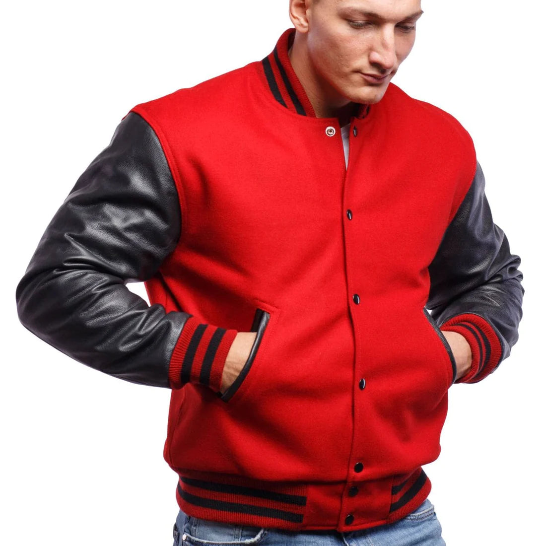 Mens-Red-And-Black-Leather-Varsity-Jacket-Front