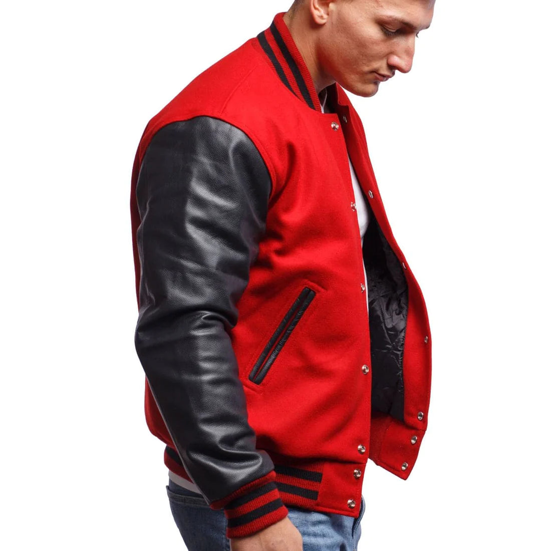 Mens-Red-And-Black-Leather-Varsity-Jacket-Left