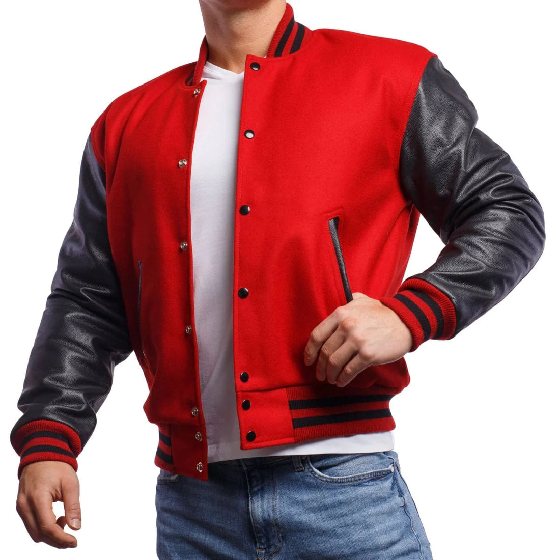 Mens-Red-And-Black-Leather-Varsity-Jacket-Model