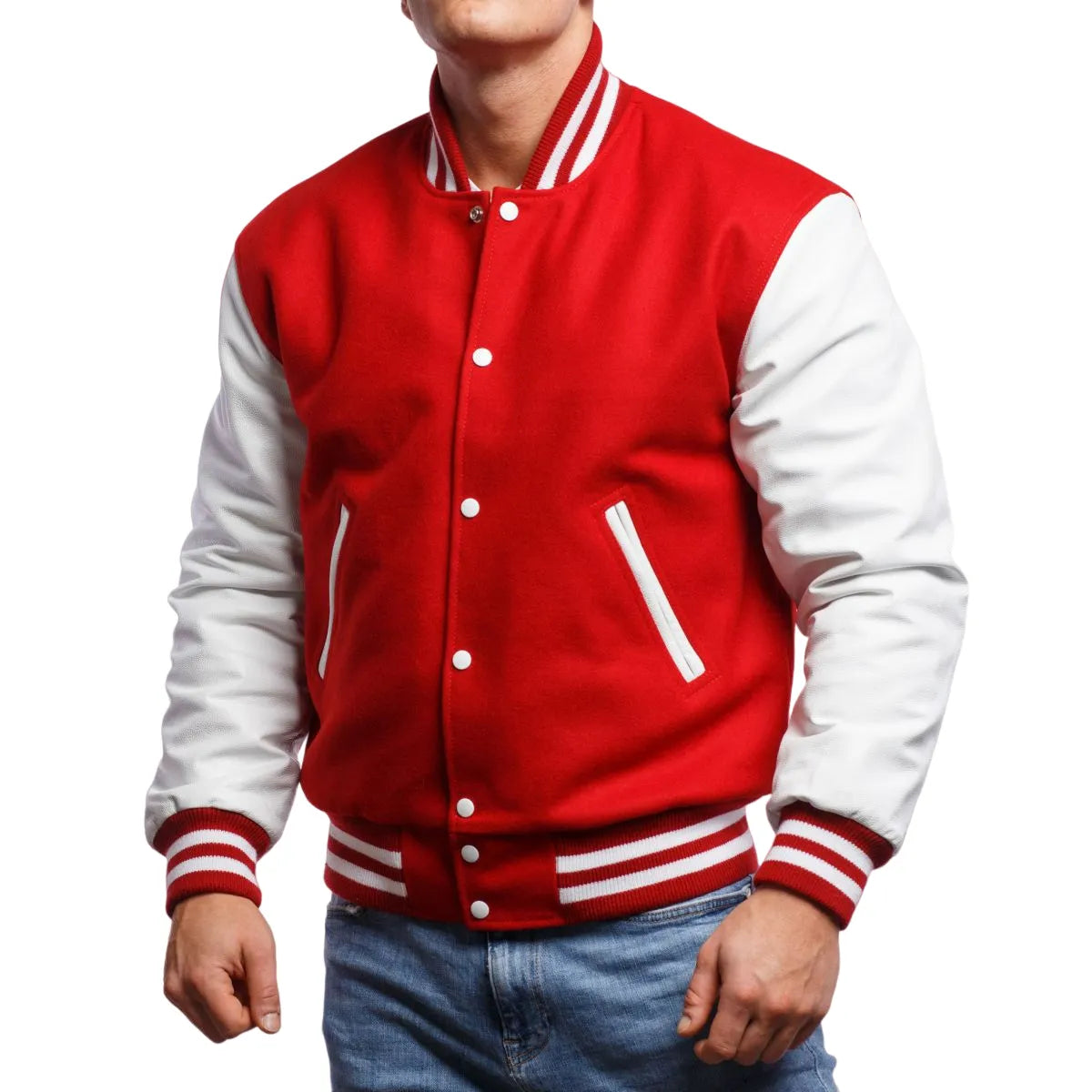 Mens-Red-And-White-Leather-Varsity-Jacket-Model