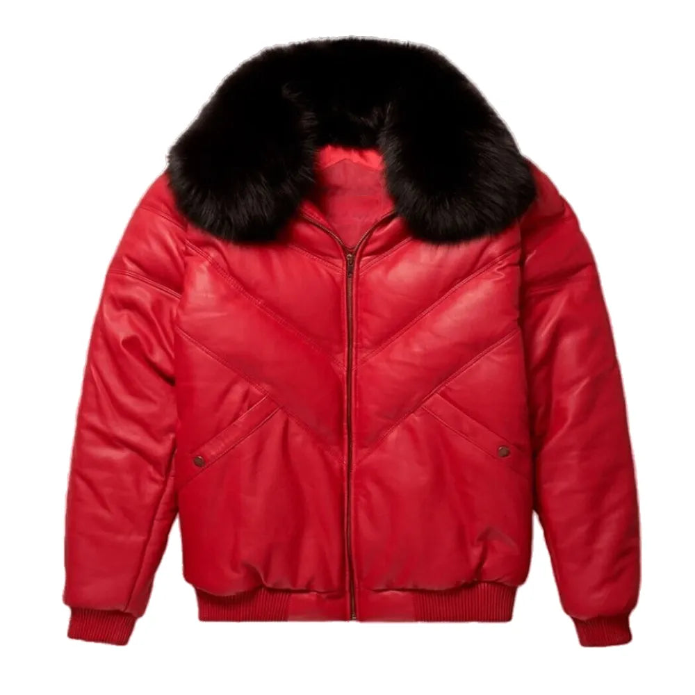 Mens-Red-V-Bomber-Leather-Jacket