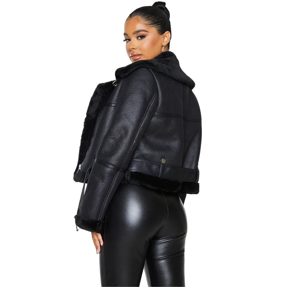 Womens Petite Black Faux Leather Aviator Jacket - CUSTOM SIZE (NO EXTRA  CHARGES) / BLACK / FAUX LEATHER