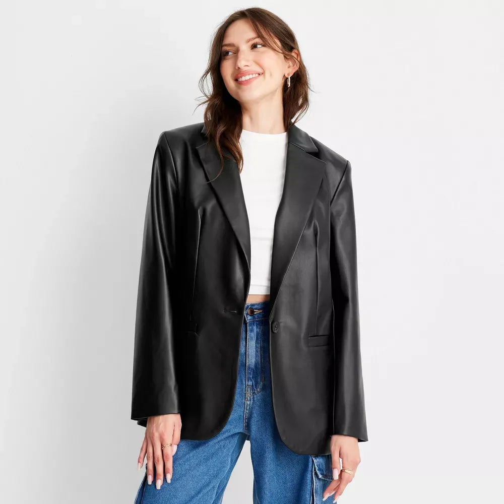 Womens-Faux-Leather-Black-Blazer-Jacket-Model