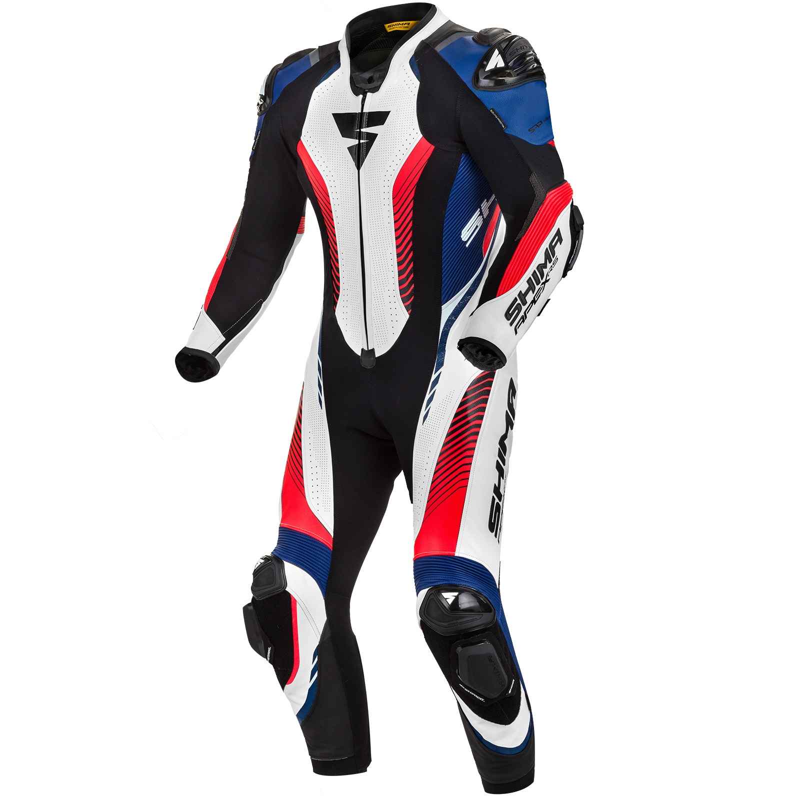 Shima-Apex-RS-One-Piece-Leather-Suit-Blue-Yellow-Red-Front