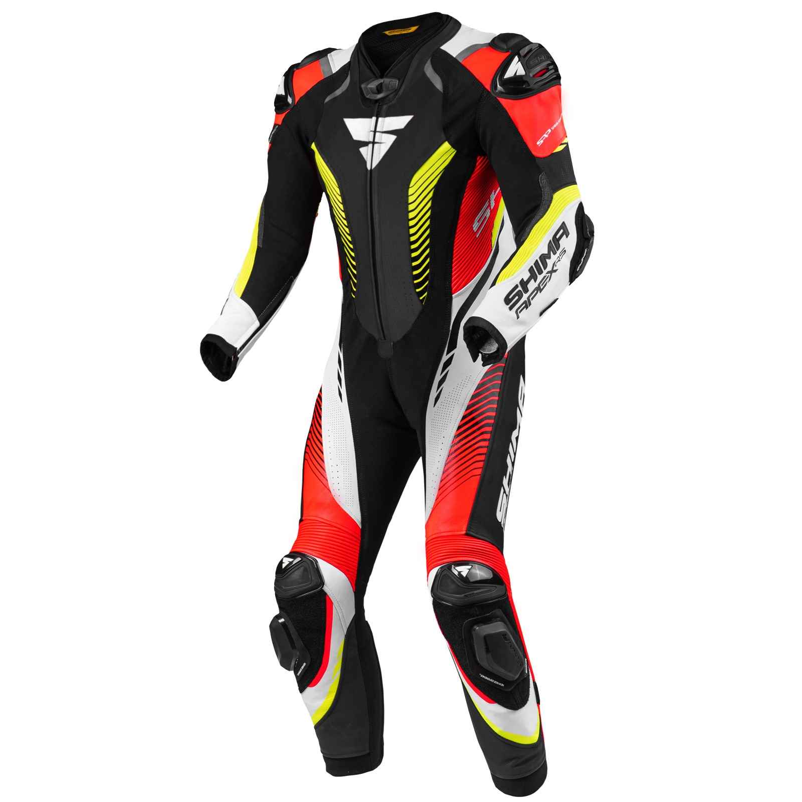 Shima-Apex-RS-One-Piece-Leather-Suit-White-Yellow-Red-Front