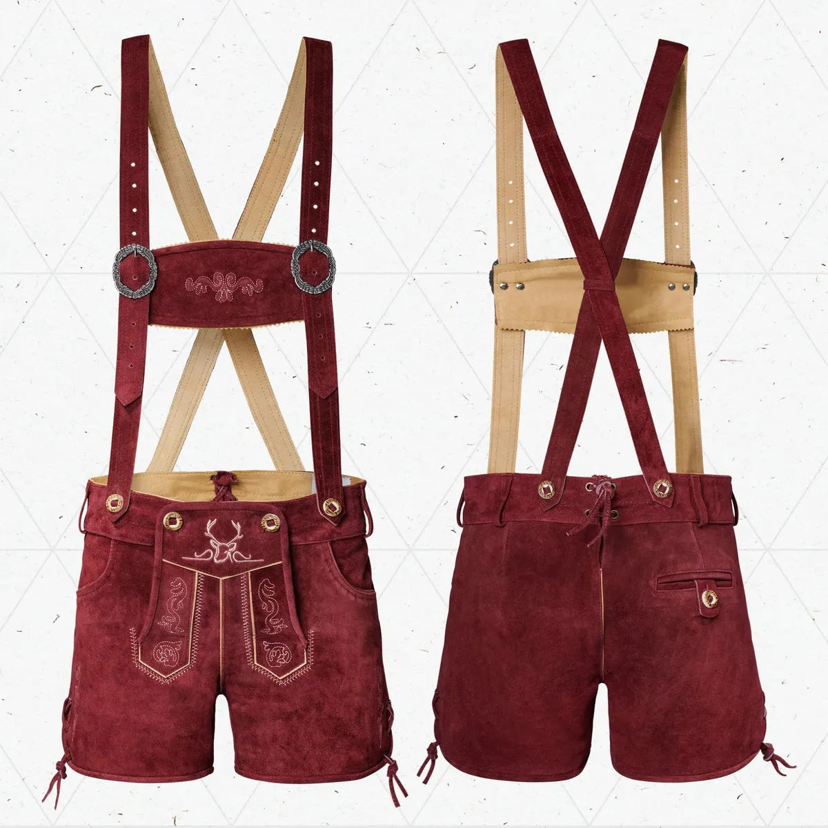 Women-Lederhosen-Short-Pants-Cherry-Red-Front-Back