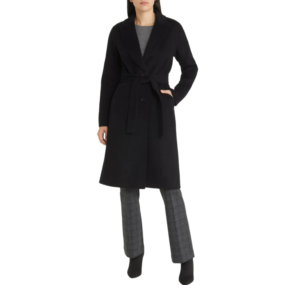 Womens-Black-Belted-Wool-Coat-Model