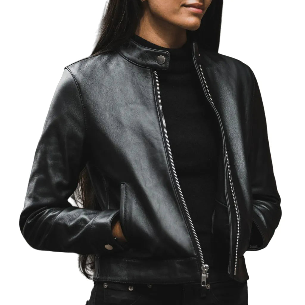 Womens-Black-Cafe-Racer-Leather-Jacket-Model
