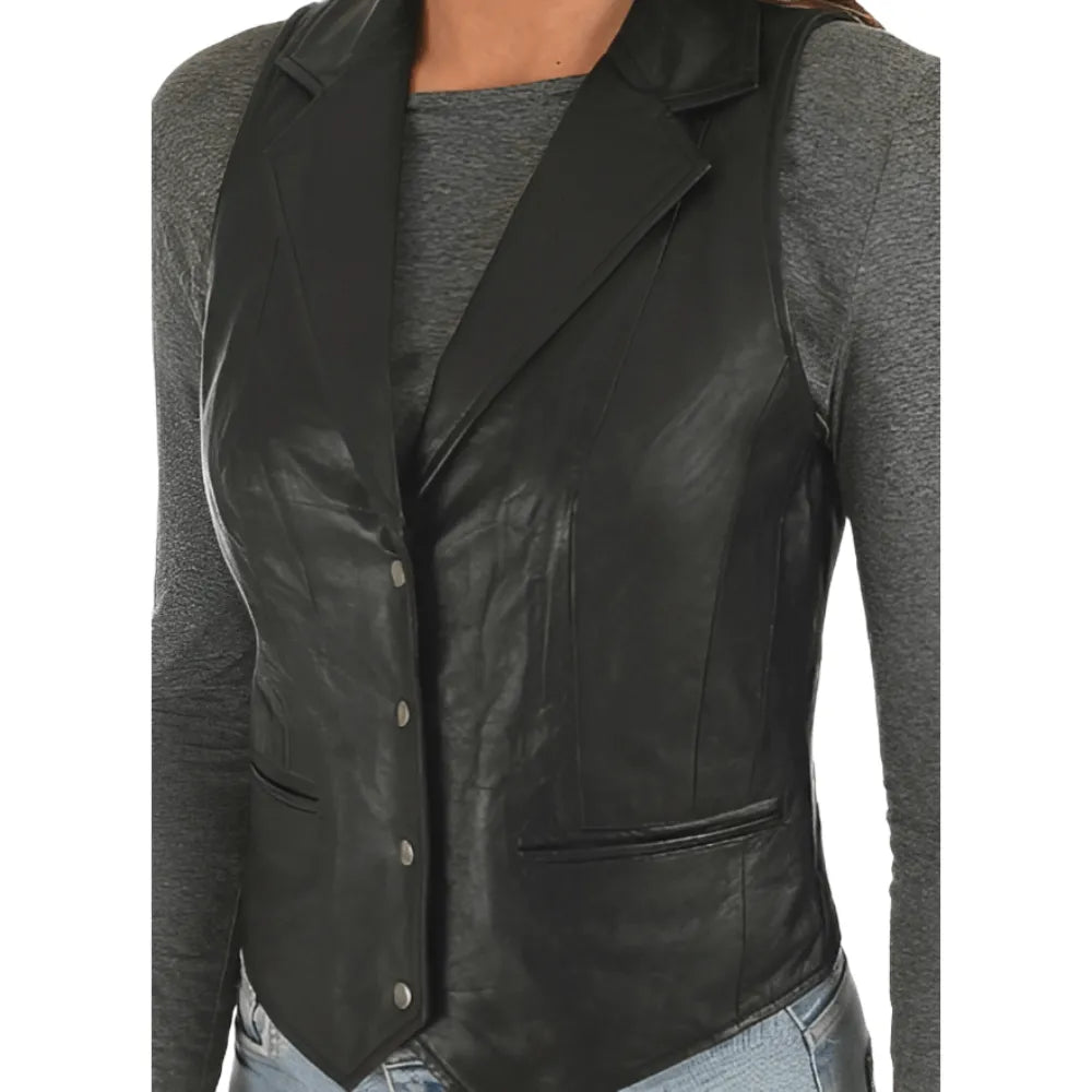 Womens-Black-Classic-Leather-Vest-Front