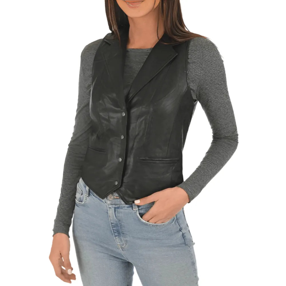 Womens-Black-Classic-Leather-Vest-Model
