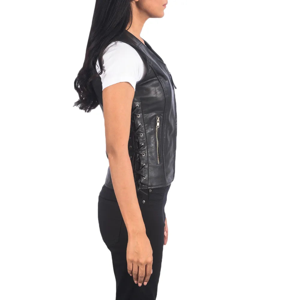 Womens-Black-Leather-Biker-Vest-Model