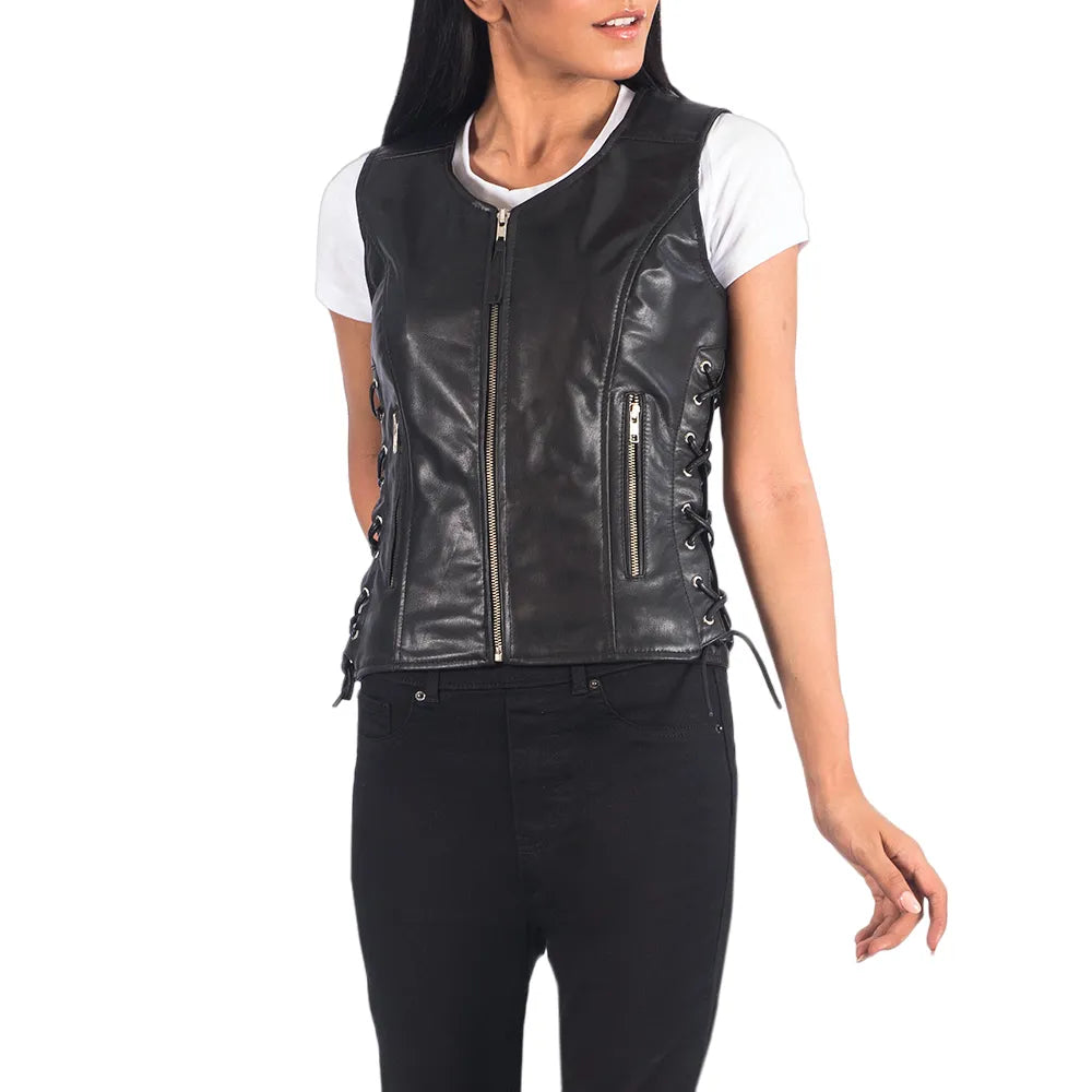 Womens-Black-Leather-Biker-Vest
