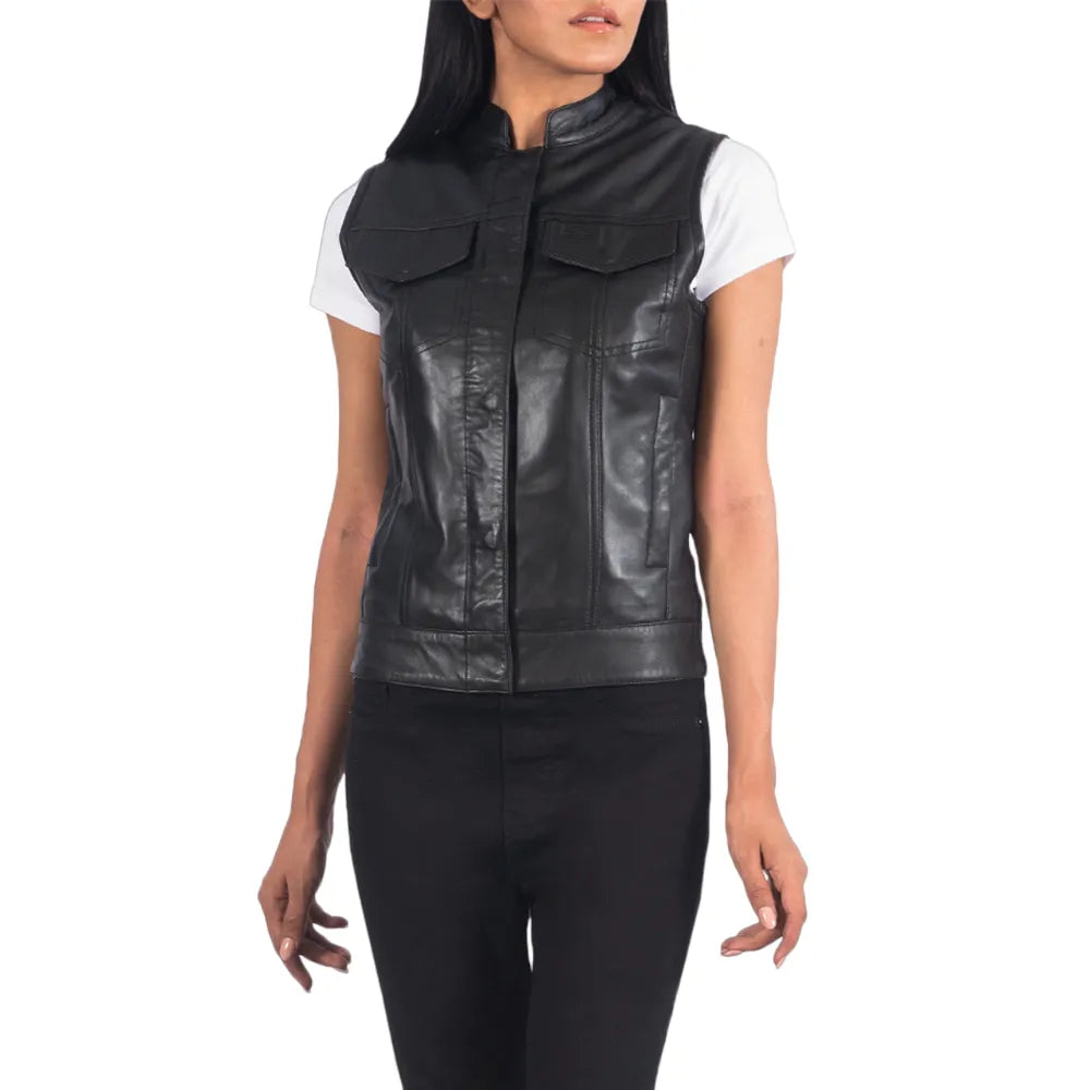 Womens-Black-Leather-Motorcycle-Vest-Close