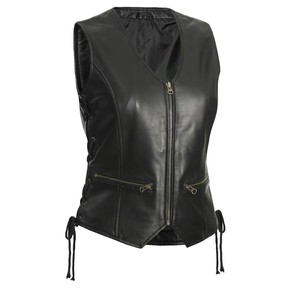 Womens-Black-Leather-Zipper-Vest-Front