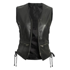 Womens-Black-Leather-Zipper-Vest-Open