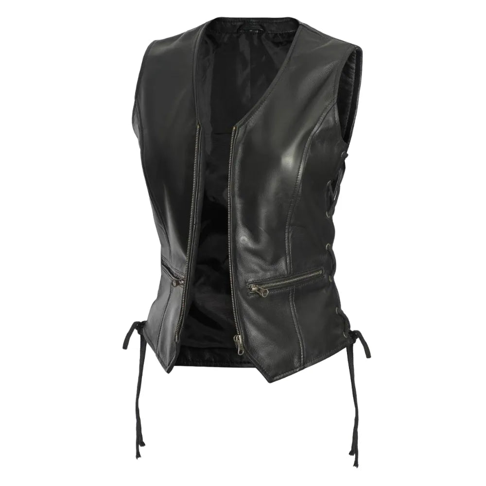Womens-Black-Leather-Zipper-Vest