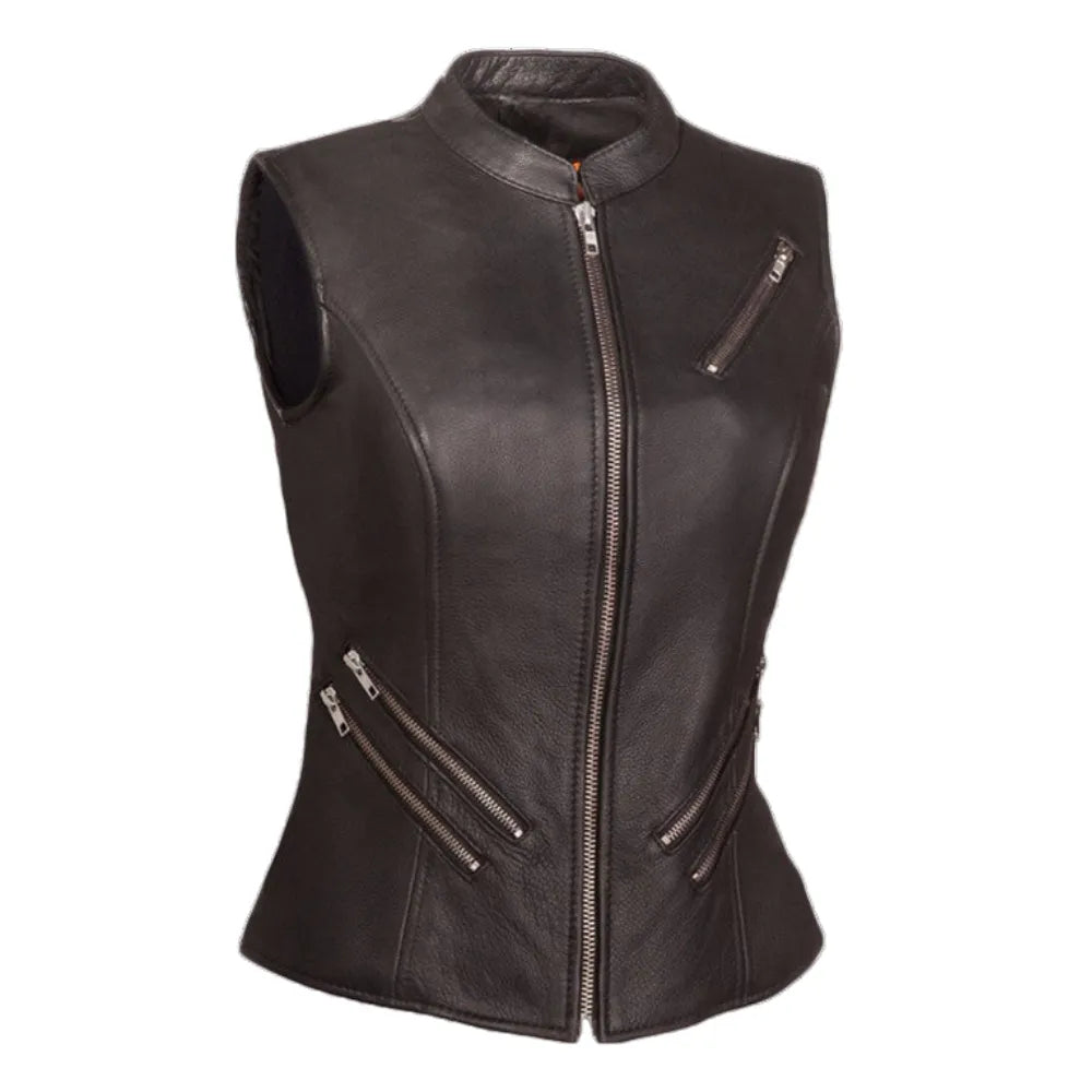 Womens-Black-Zip-Up-Leather-Vest