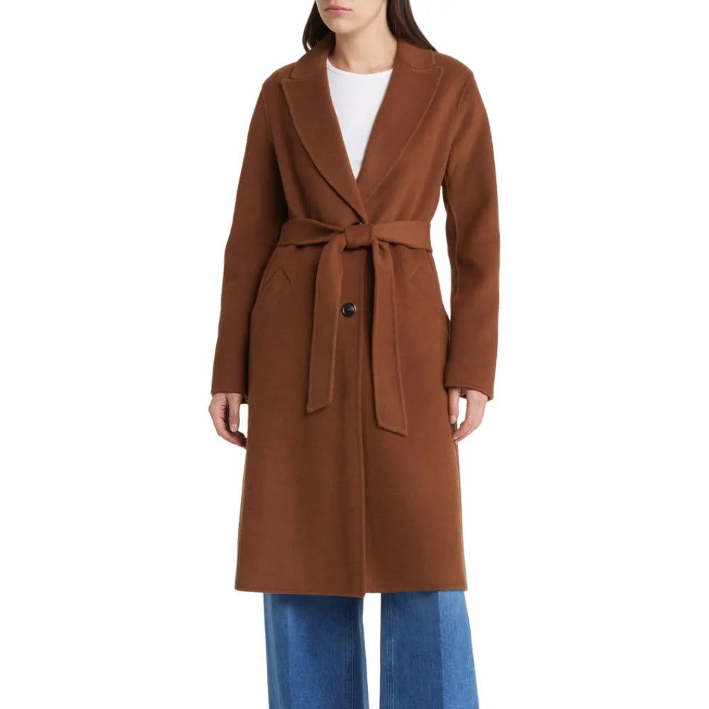 Womens-Brown-Belted-Wool-Coat-Model