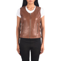 Womens-Brown-Leather-Biker-Vest-Front