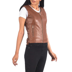 Womens-Brown-Leather-Biker-Vest-Model