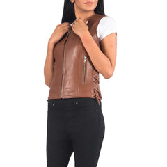Womens-Brown-Leather-Biker-Vest