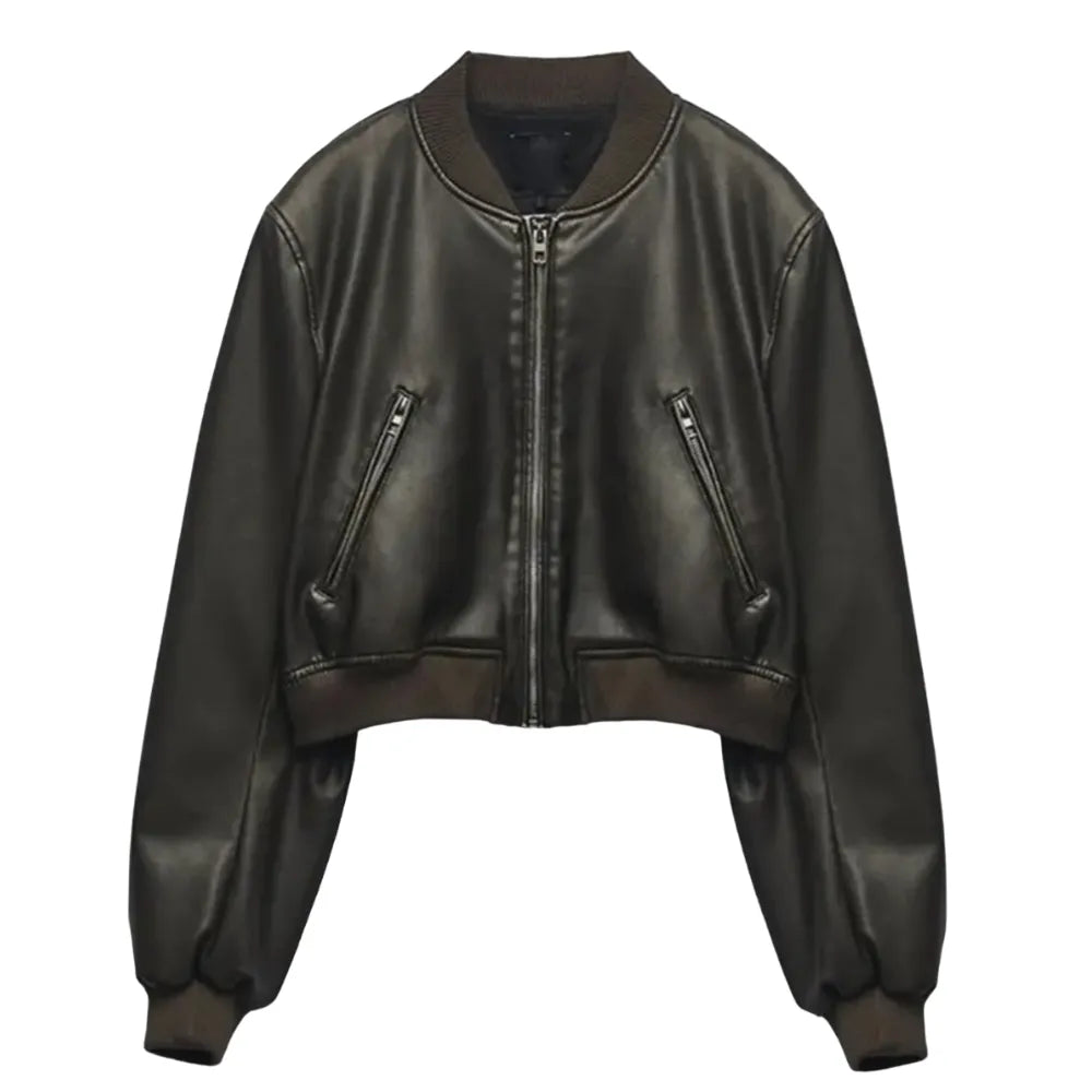 Womens-Brown-Leather-Bomber-Jacket-Front