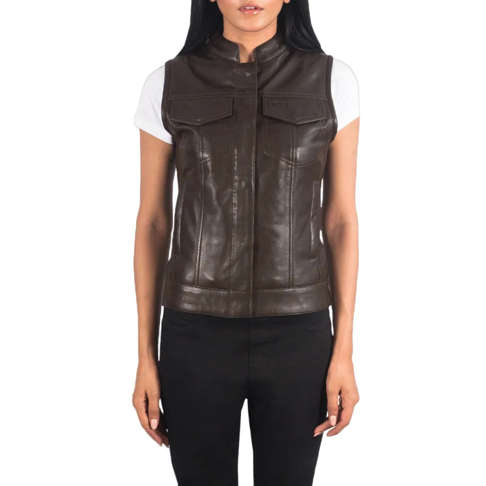 Womens-Brown-Leather-Motorcycle-Vest-Close