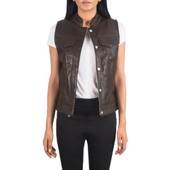 Womens-Brown-Leather-Motorcycle-Vest-Model