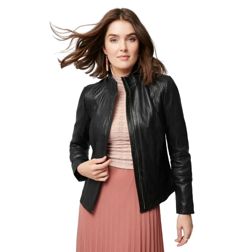 Womens-Classic-Leather-Jacket-Black-Front