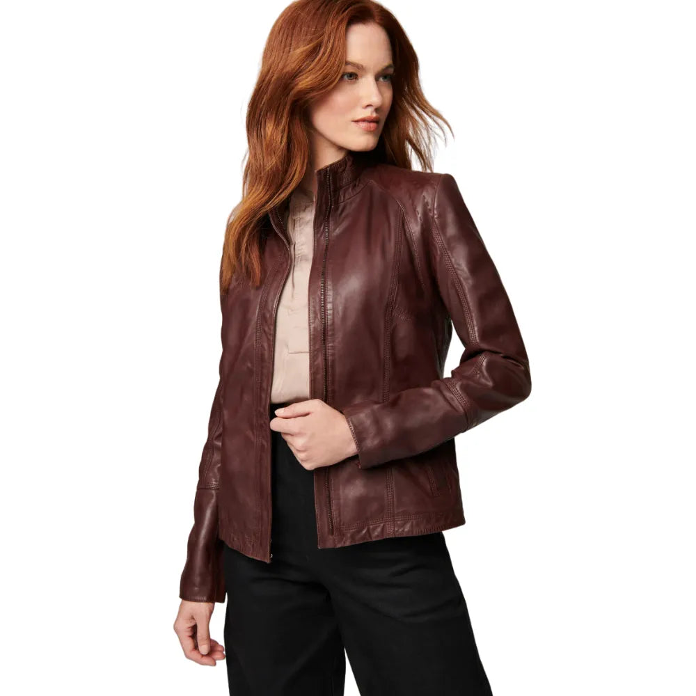 Womens-Classic-Leather-Jacket-Dark-Brown-Front