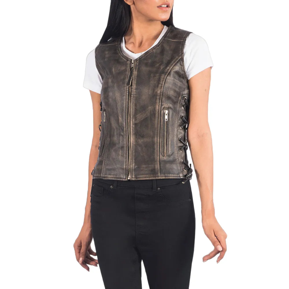 Womens-Distressed-Brown-Leather-Biker-Vest-Close