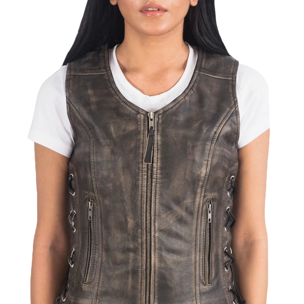 Womens-Distressed-Brown-Leather-Biker-Vest-Front