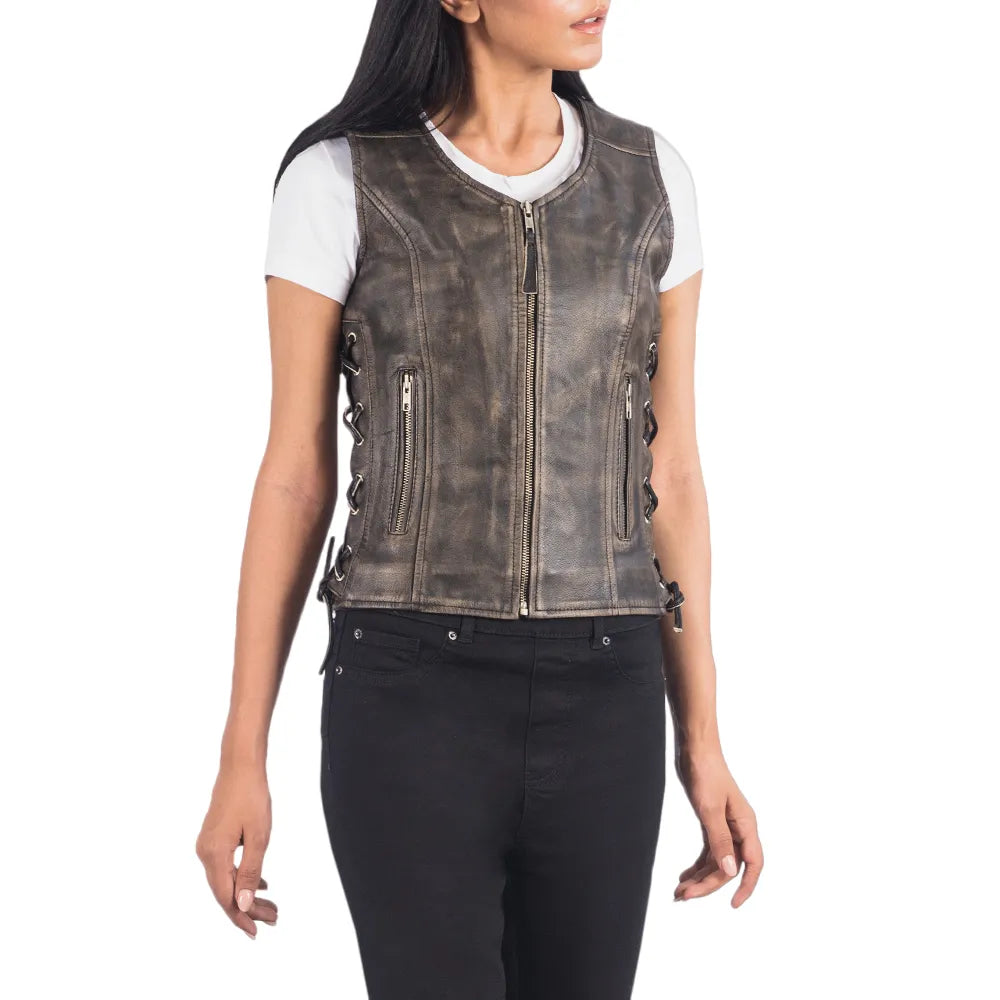 Womens-Distressed-Brown-Leather-Biker-Vest