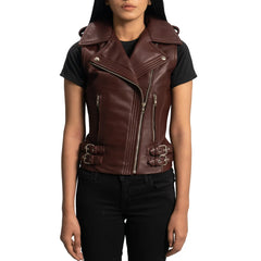Womens-Maroon-Leather-Biker-Vest-Close