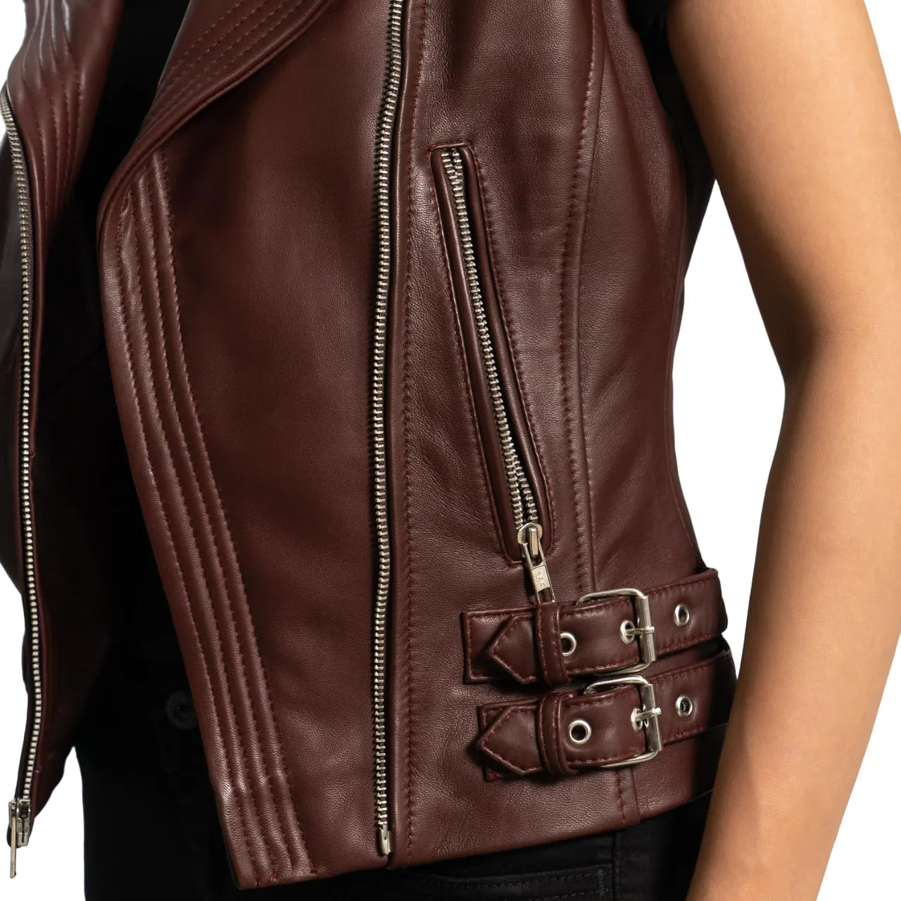 Womens-Maroon-Leather-Biker-Vest-Front