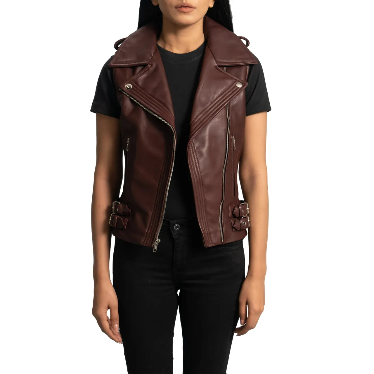 Womens-Maroon-Leather-Biker-Vest-Model