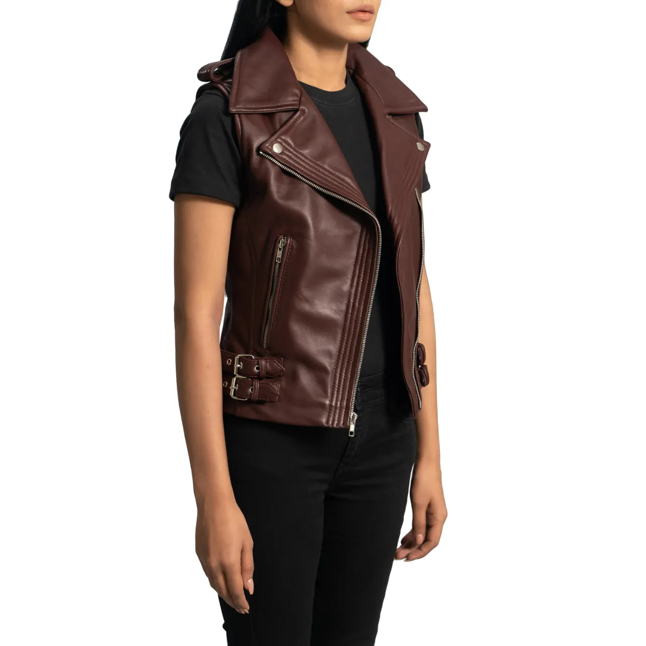 Womens-Maroon-Leather-Biker-Vest