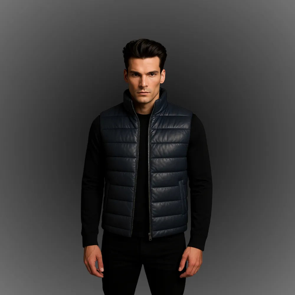 mens-blue-leather-puffer-vest-model-shoot
